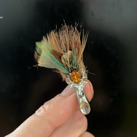 Scottish Plume Stag Head Pin Brooch Orange Glass Stone Silver Tone Mizpah Deer - Picture 4 of 5